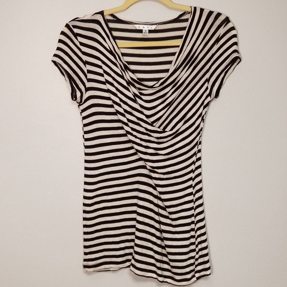 CAbi Drape Cowl Neck Short Sleeve Stripped Stretch Top Black White Size Small - Picture 1 of 6